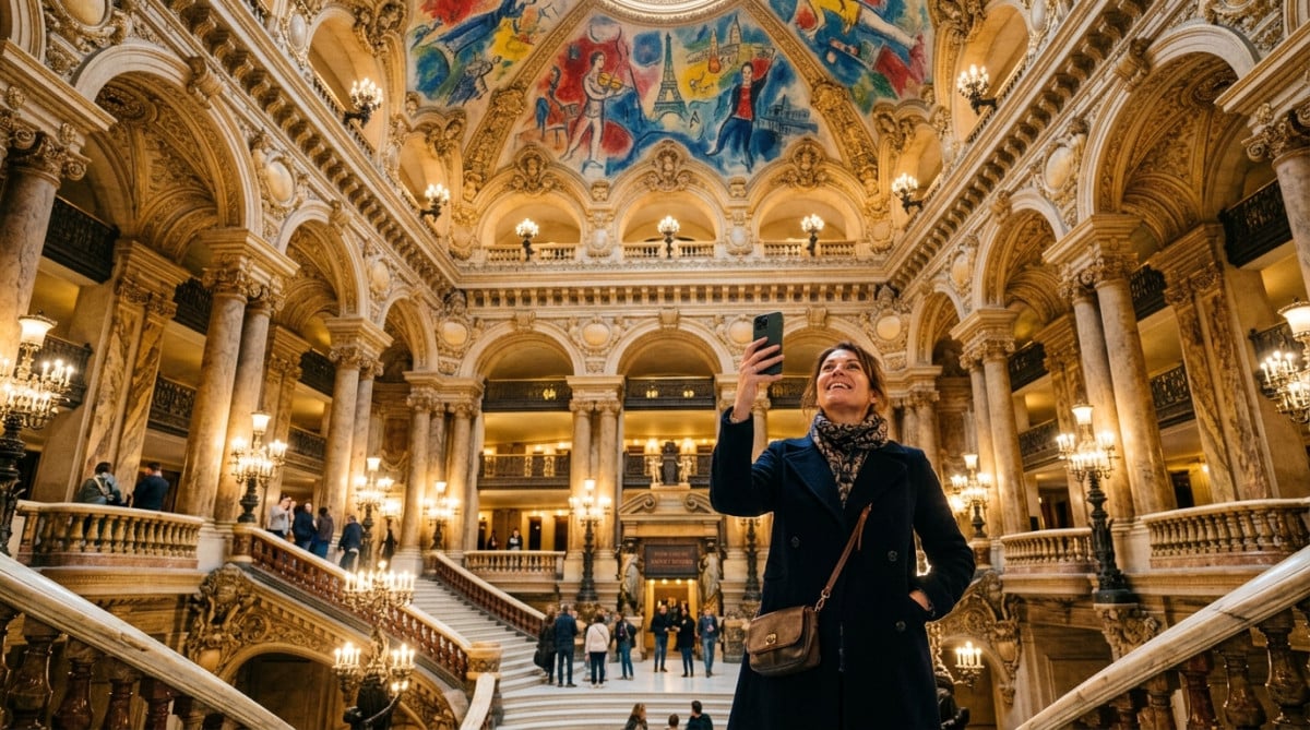 Touriste admirant l'escalier doré du Palais Garnier aujourd'hui