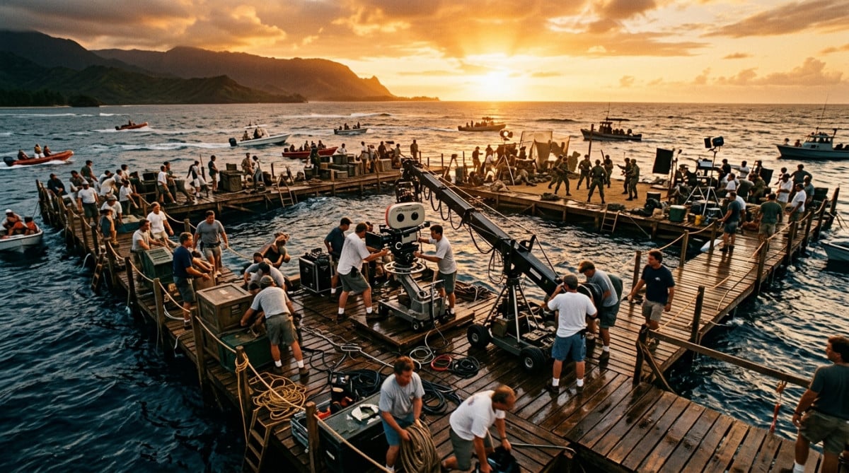 Tournage chaotique du film Waterworld sur plateformes flottantes
