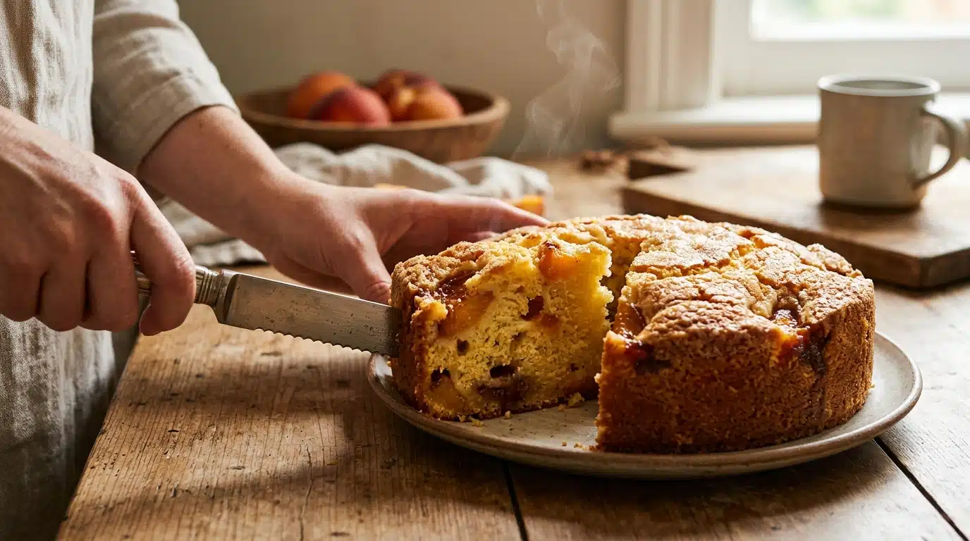 Part de gâteau moelleux aux pêches caramélisées