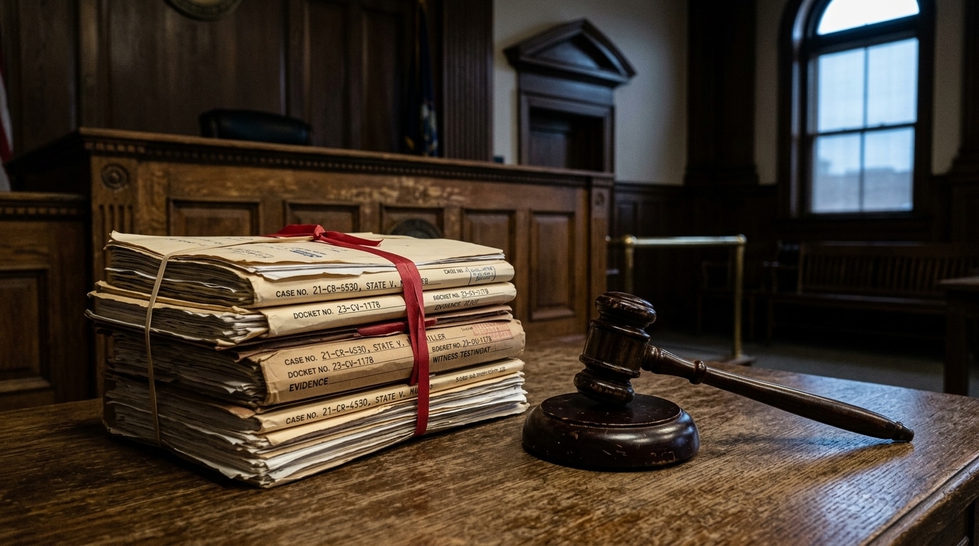 Dossiers judiciaires et marteau de juge sur un bureau