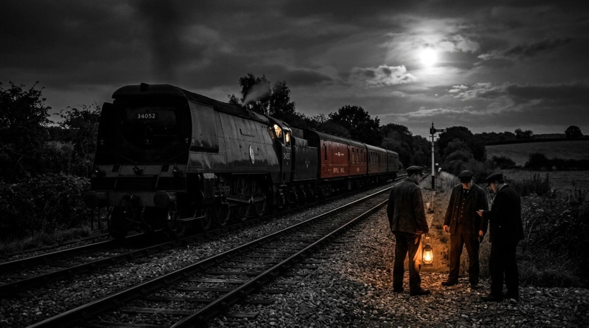 Train postal britannique arrêté de nuit lors du casse de 1963