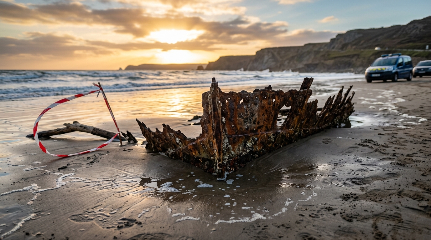 Épave métallique échouée sur une plage française