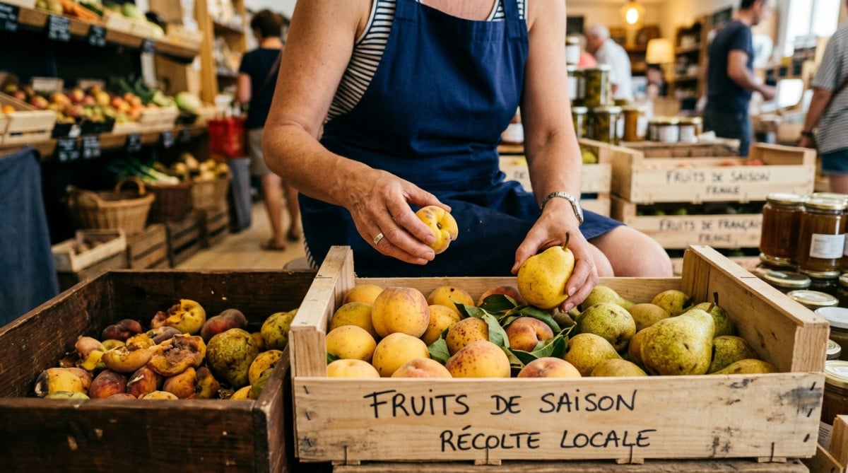 Tri de fruits abîmés dans un cageot en supermarché