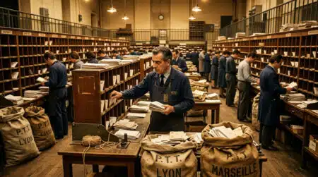 Trieurs postaux triant le courrier à la main en 1960