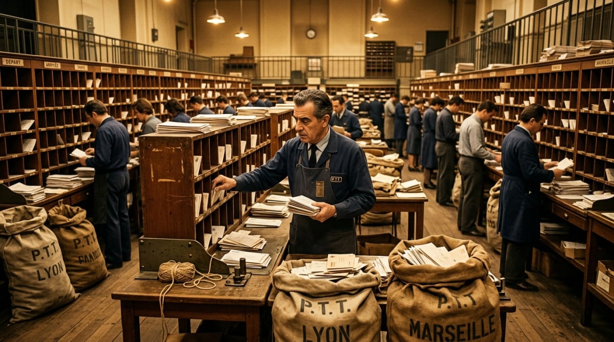 Trieurs postaux triant le courrier à la main en 1960