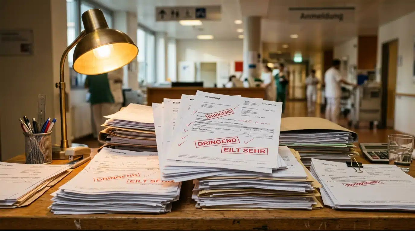 Documents administratifs et factures médicales empilés