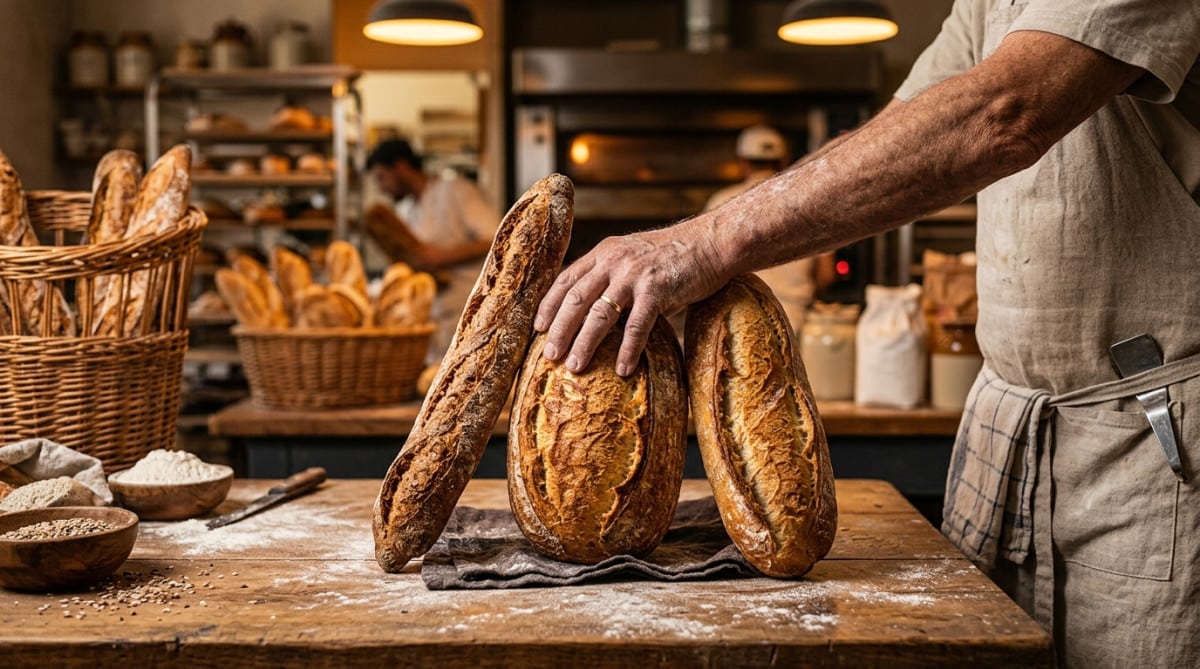 Trois formes de pain français côte à côte sur comptoir