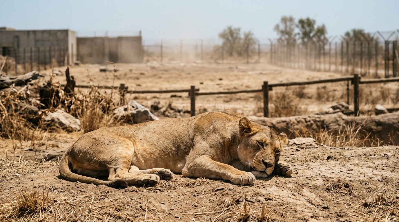 Lionne allongée faiblement dans un enclos surchauffé