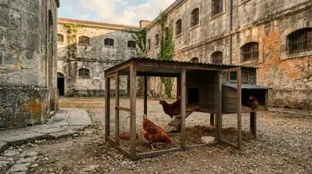 Trois poules dans un poulailler en prison