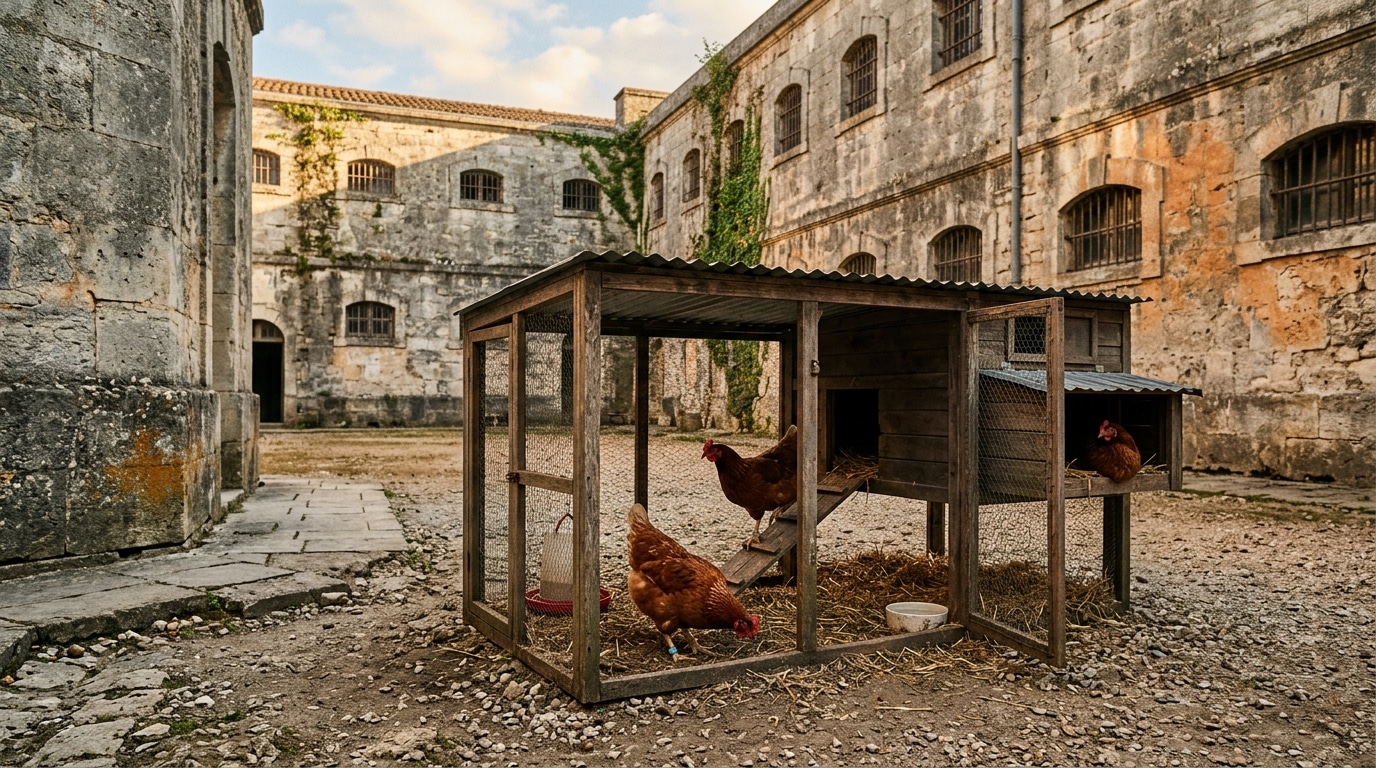 Trois poules dans un poulailler en prison