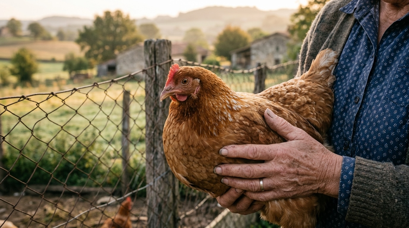 Mains tenant une poule sauvée de l'abattoir