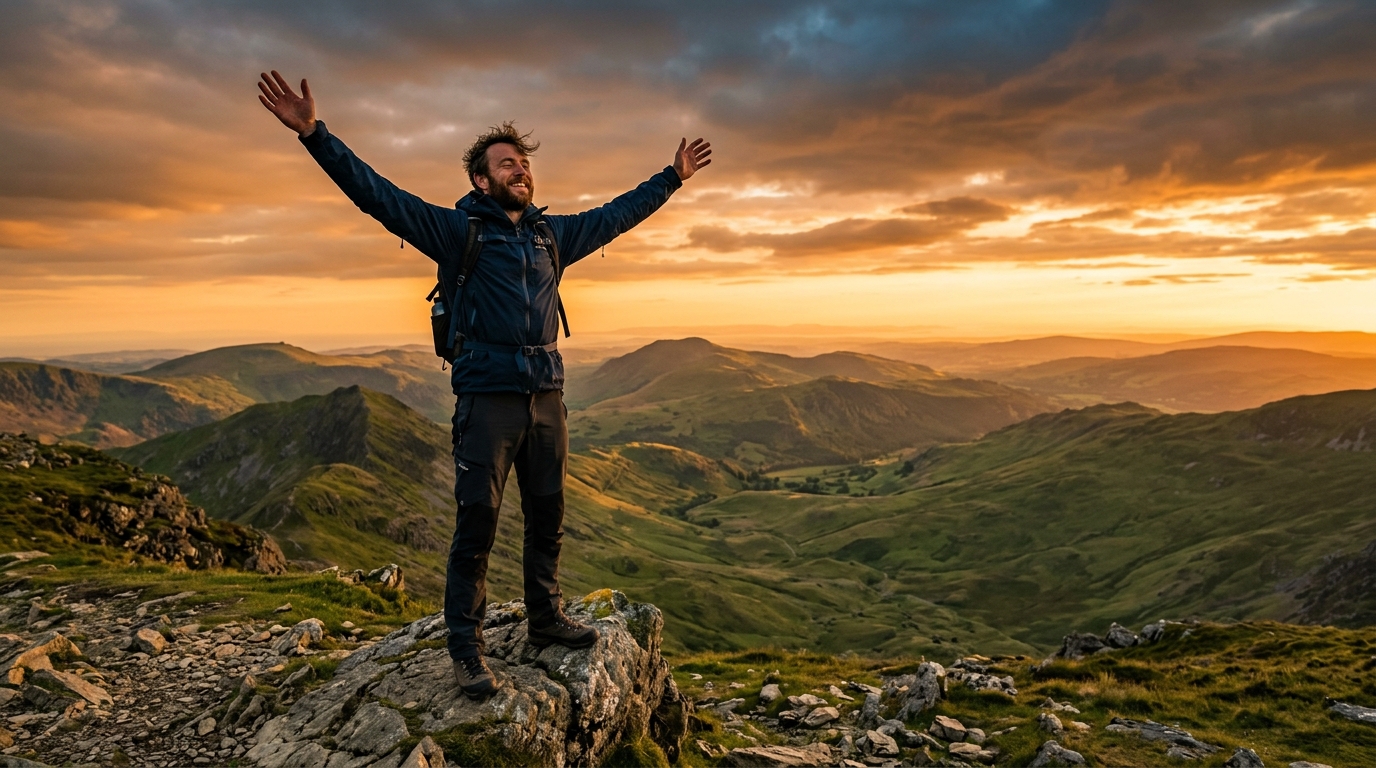 Homme au sommet d'une montagne galloise au coucher du soleil