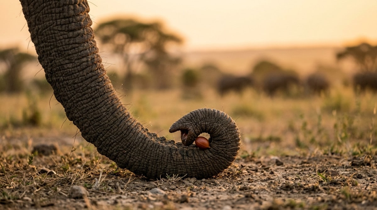Trompe d'éléphant saisissant délicatement un petit objet