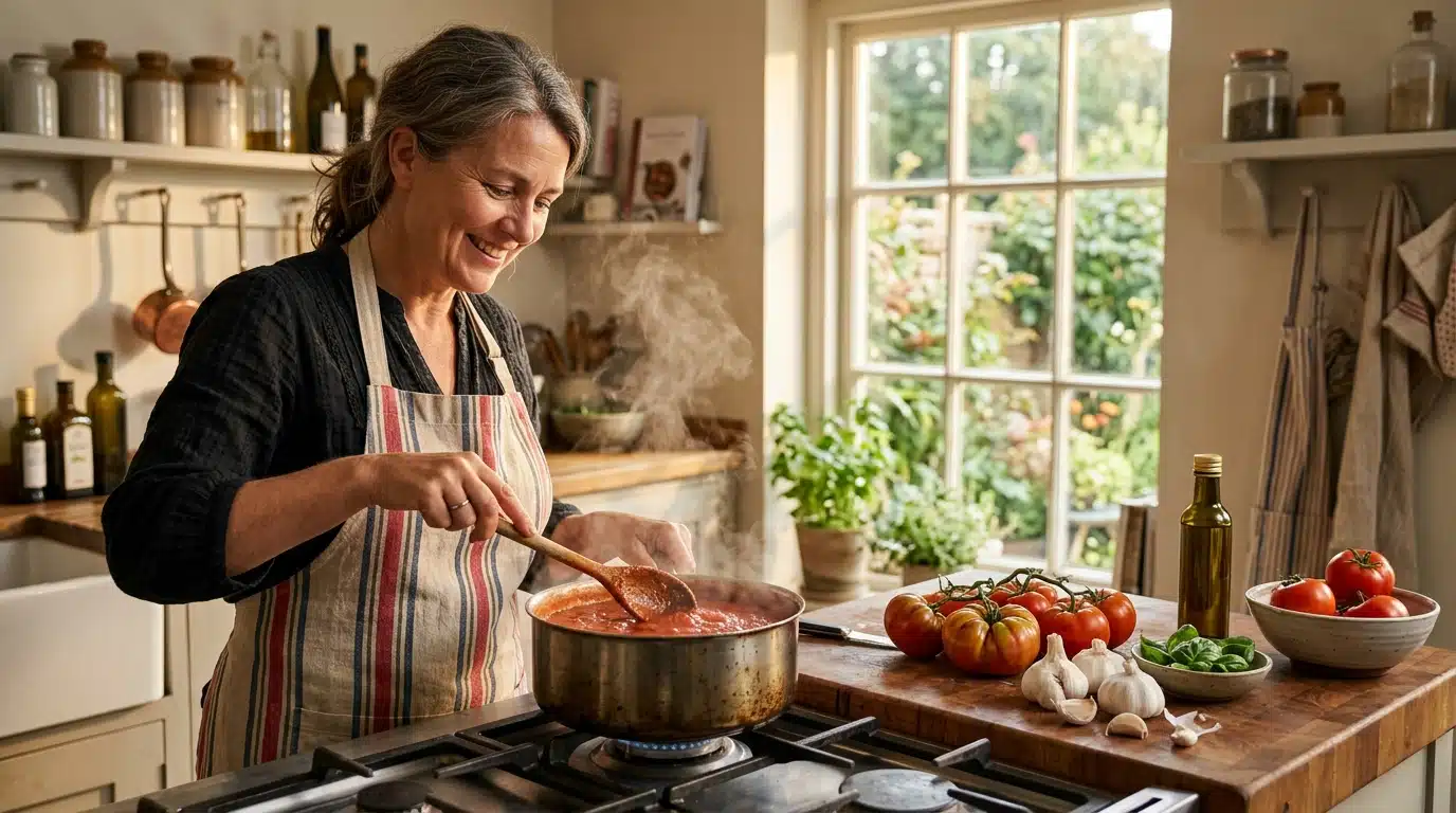 Femme préparant une sauce tomate maison en cuisine