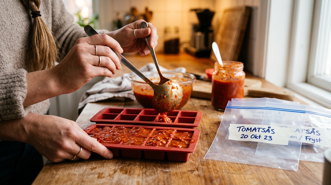 Portions de sauce tomate versées dans bacs à glaçons