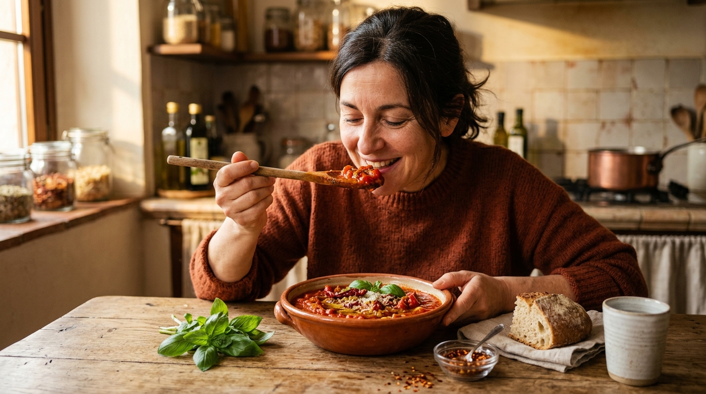 Dégustation d'une sauce arrabbiata épicée maison