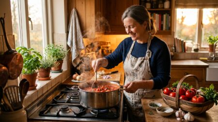 Femme préparant une sauce tomate maison dans sa cuisine