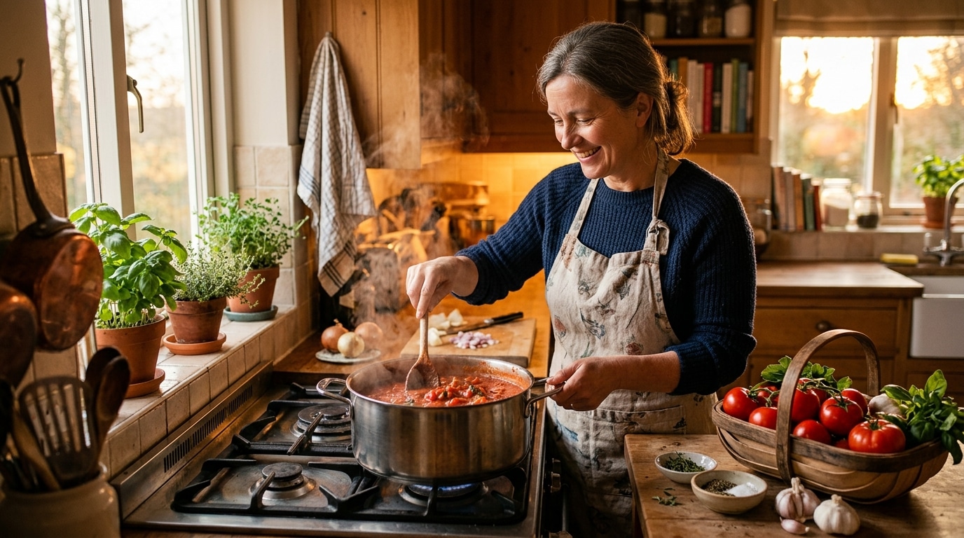 Femme préparant une sauce tomate maison dans sa cuisine