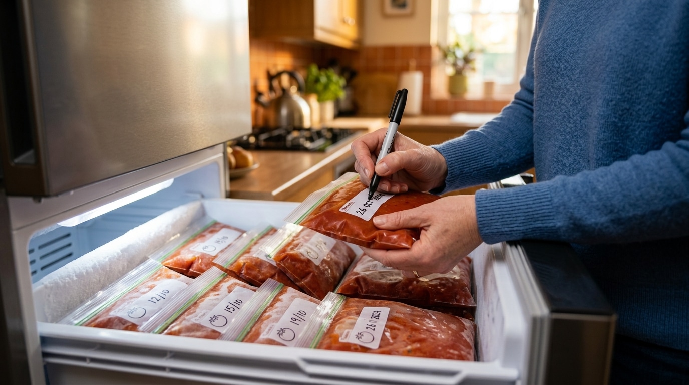 Portions de sauce tomate congelées dans des sachets étiquetés