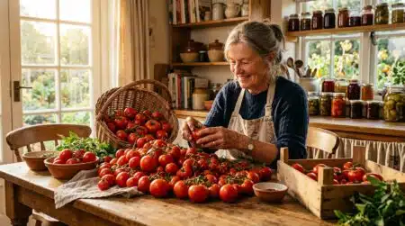 Femme souriante trie une récolte de tomates du potager