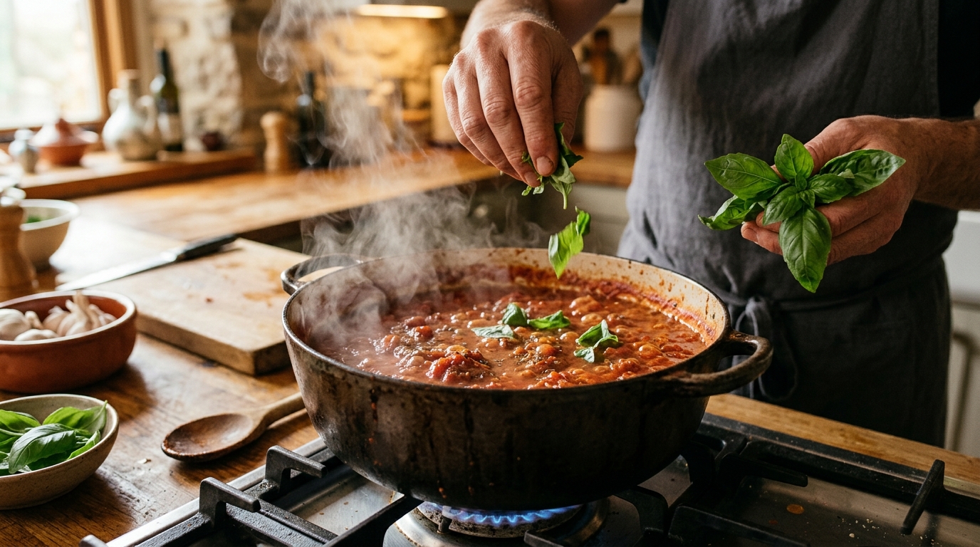 Sauce tomate maison mijotant avec du basilic frais