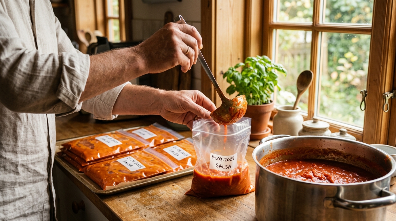 Mains remplissant des sachets de congélation de sauce tomate