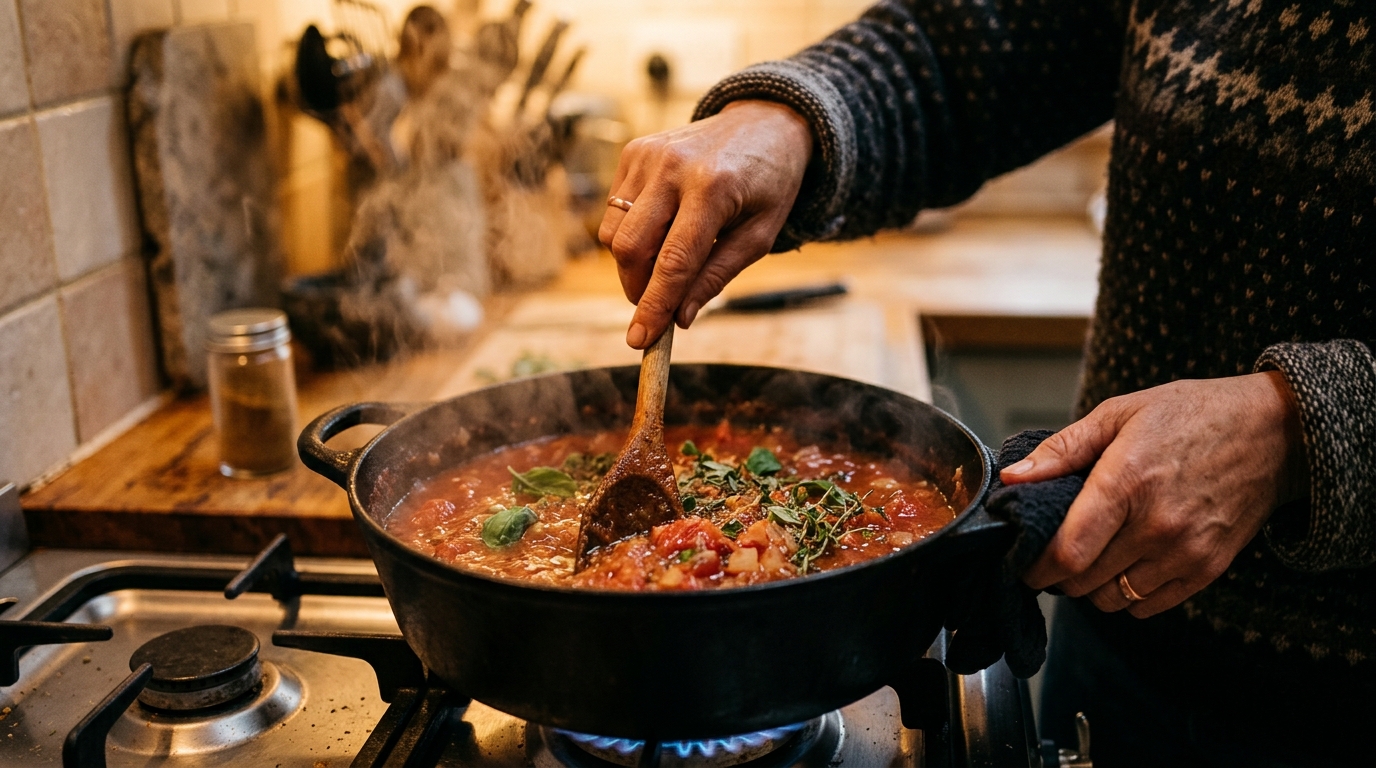 Cuisson de la sauce tomate maison dans une casserole
