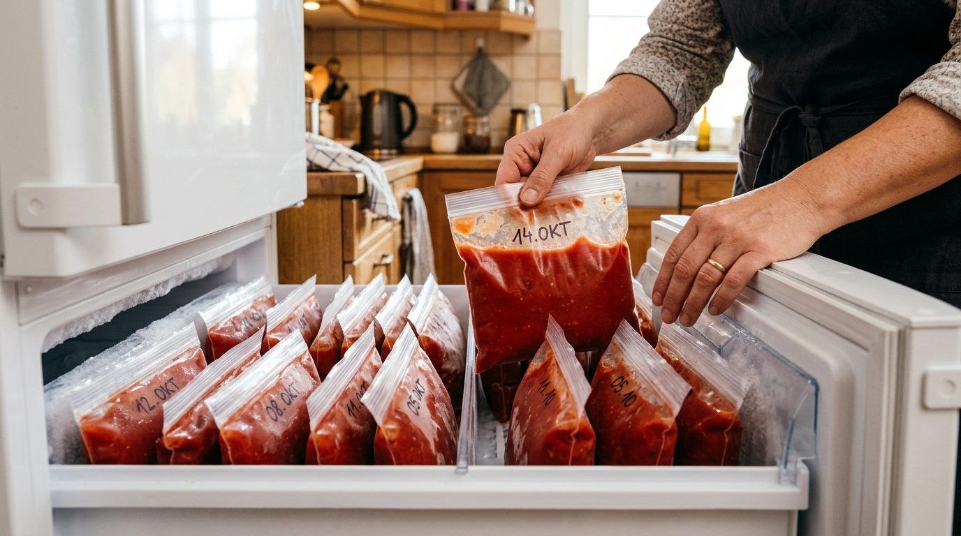 Sachets de sauce tomate rangés à plat au congélateur