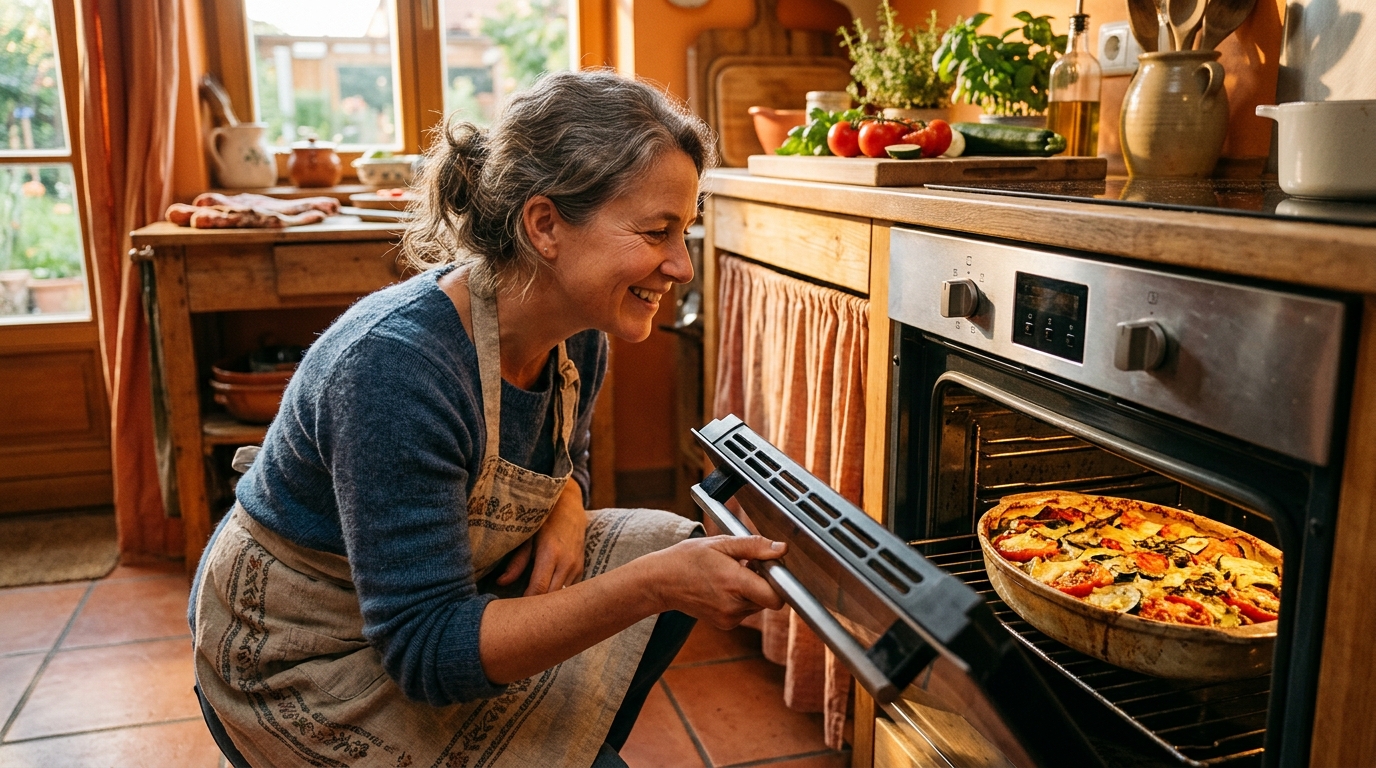 Femme surveillant un gratin de légumes d'été au four