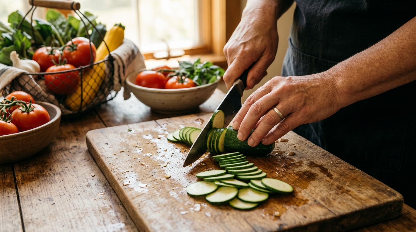 Découpe de courgettes fraîches sur planche en bois