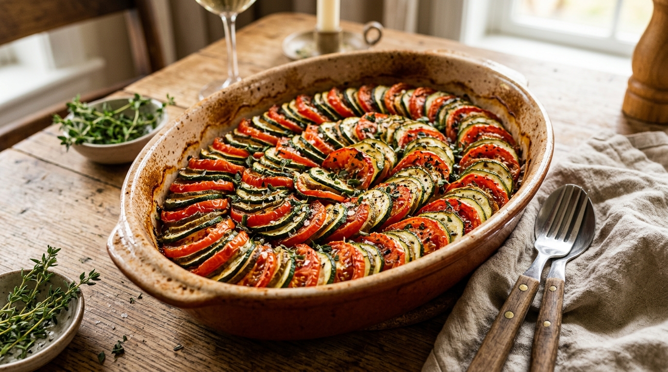 Tian de tomates et courgettes disposées en spirale