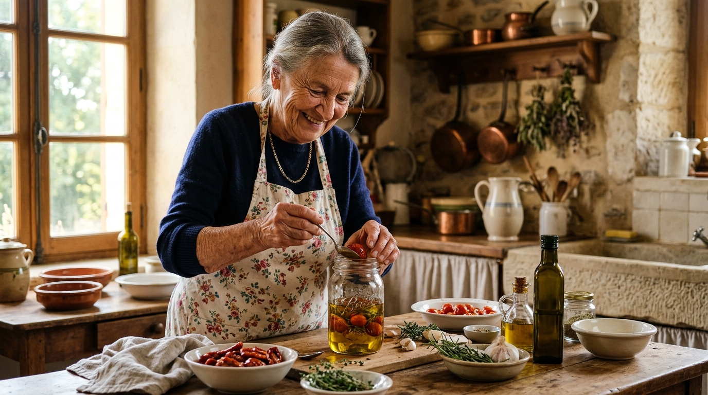 Grand-mère préparant des tomates confites à l'huile en bocal