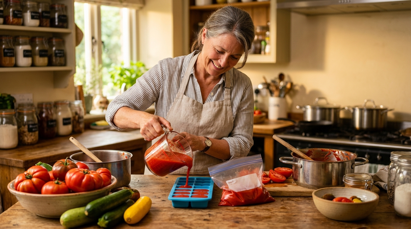Femme versant de la purée de tomates dans des bacs à glaçons