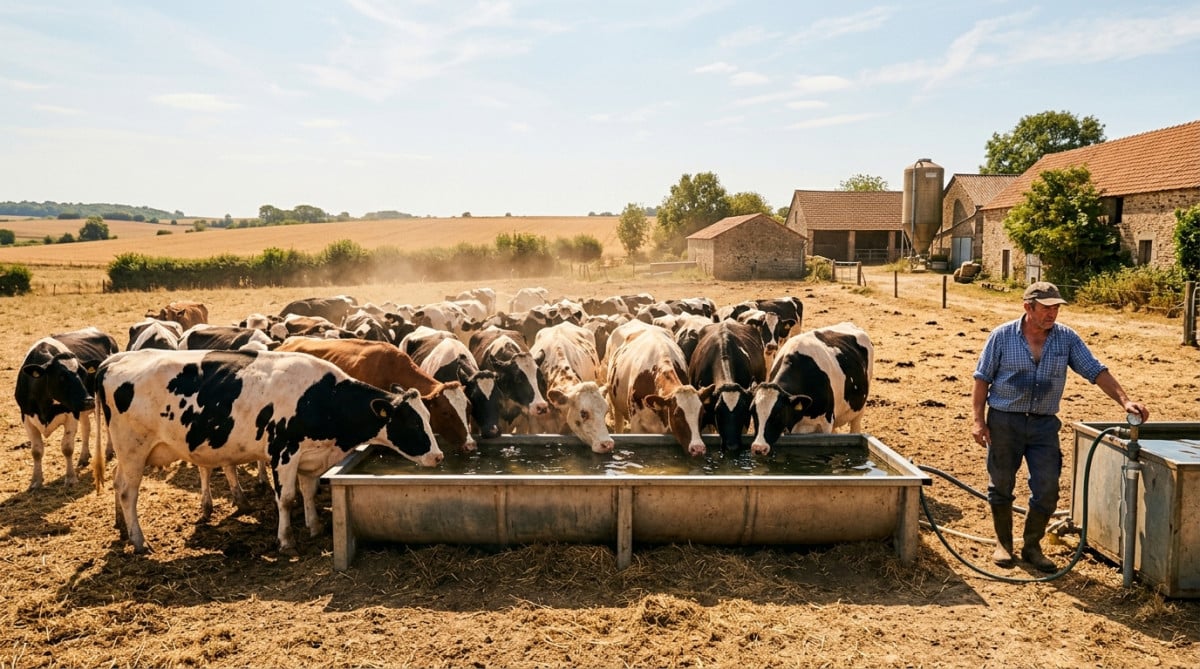 Troupeau de vaches autour d'un abreuvoir lors d'une canicule