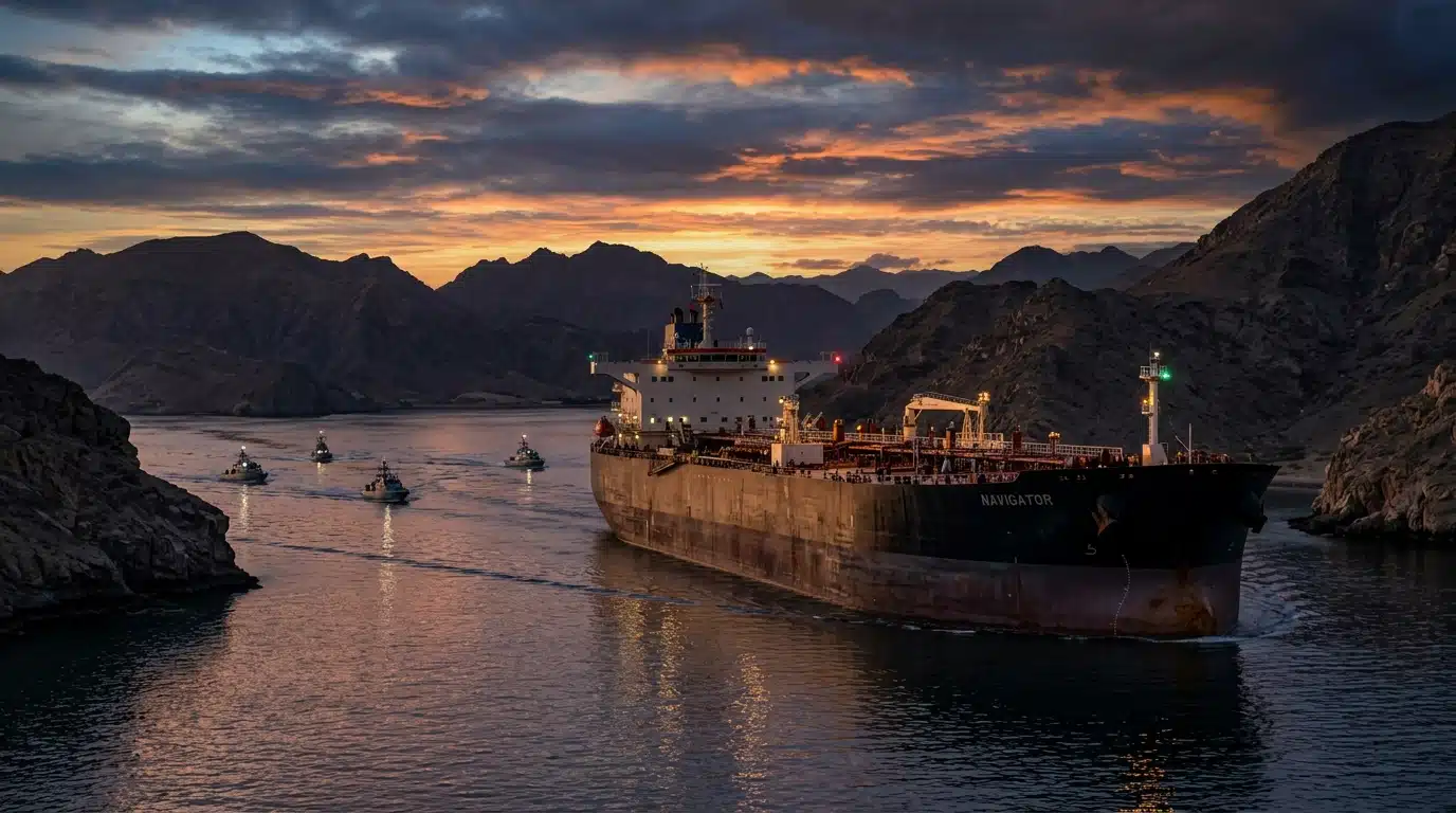 Pétrolier traversant un détroit stratégique au coucher du soleil