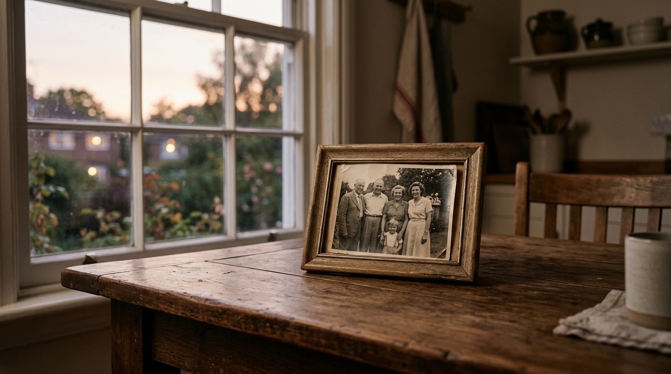 Photo de famille posée seule sur une table de cuisine le soir