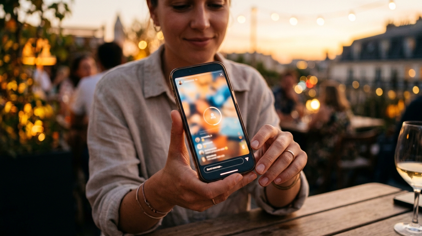 Smartphone illuminé avec lumière chaleureuse en soirée d'été