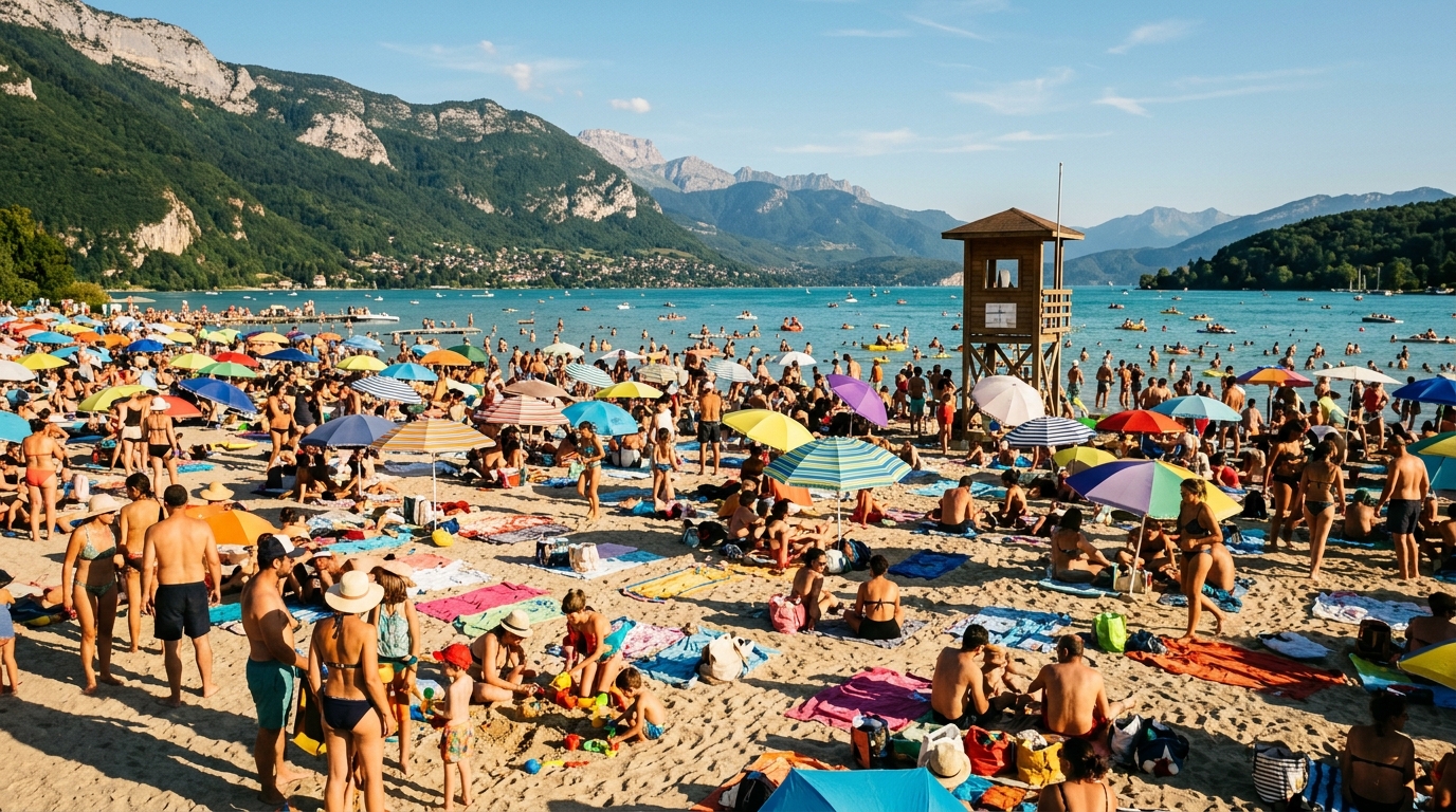 Plage de lac bondée pendant une canicule estivale