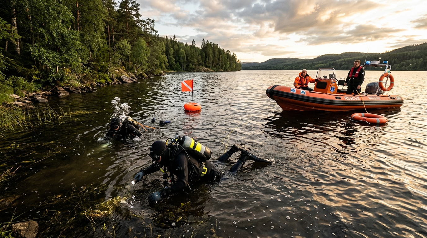 Plongeurs des secours recherchant une victime dans un lac