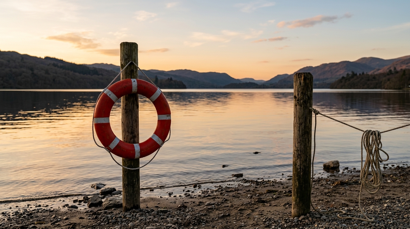 Bouée de sauvetage accrochée près d'un lac au coucher du soleil