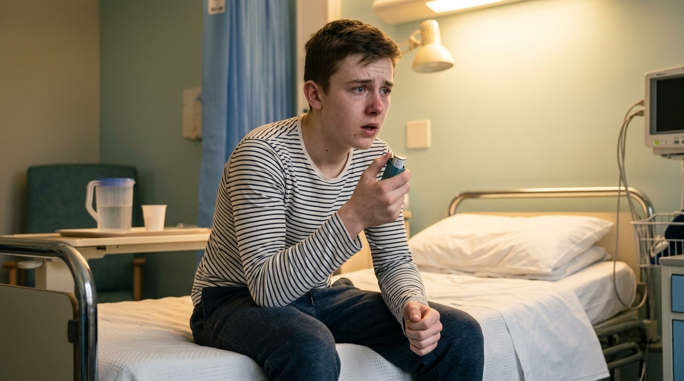 Adolescent essoufflé tenant un inhalateur à l'hôpital