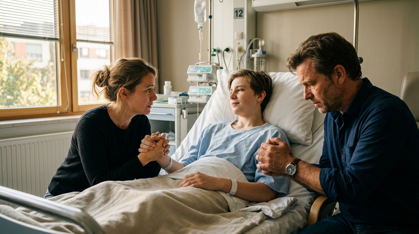 Adolescent en convalescence entouré de ses parents