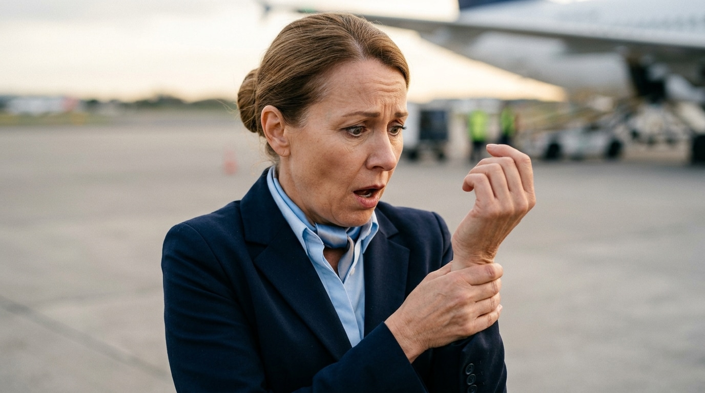 Hôtesse de l'air se tenant le poignet blessé