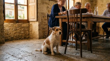 Petit chien croisé assis dans une salle de conseil municipal