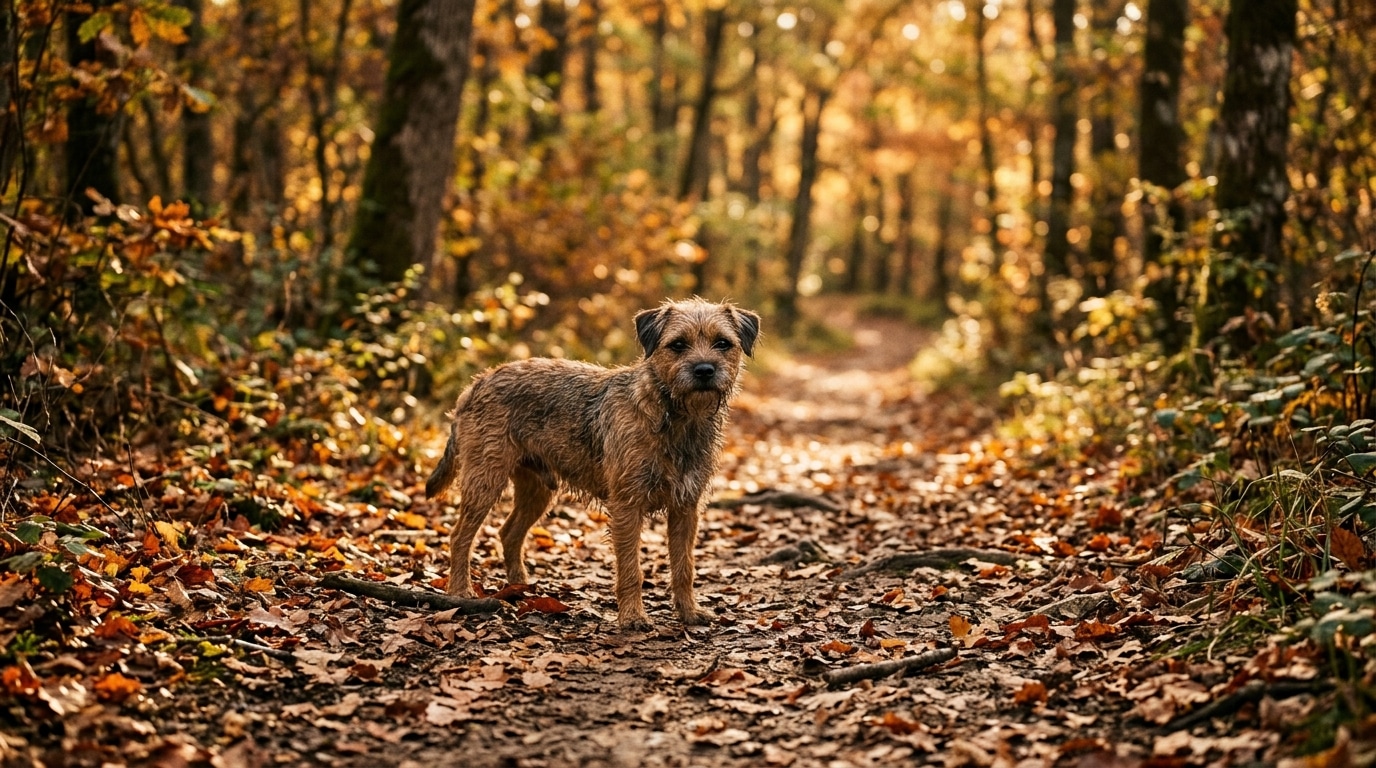 Chien errant seul sur un chemin forestier en automne