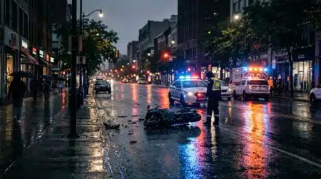 Boulevard nocturne avec gyrophares de police allumés