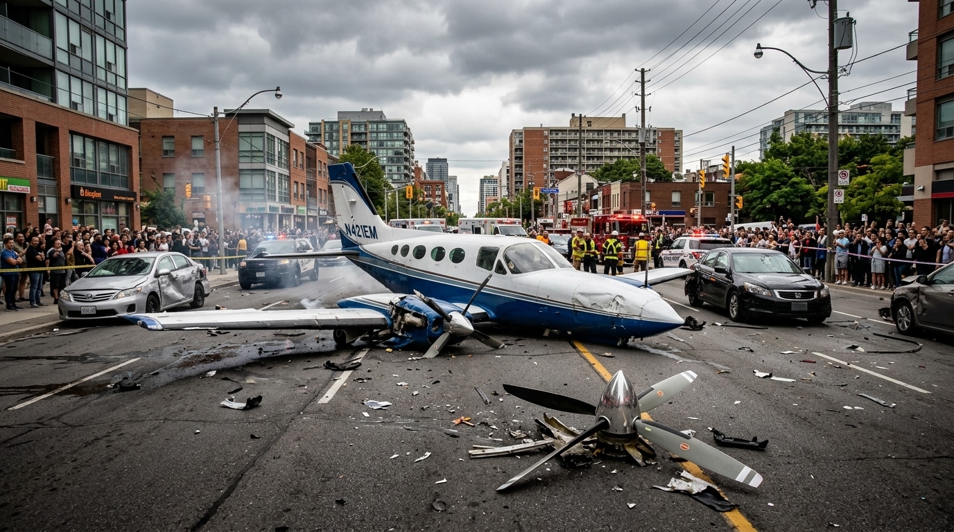 Avion accidenté sur un boulevard avec voitures endommagées