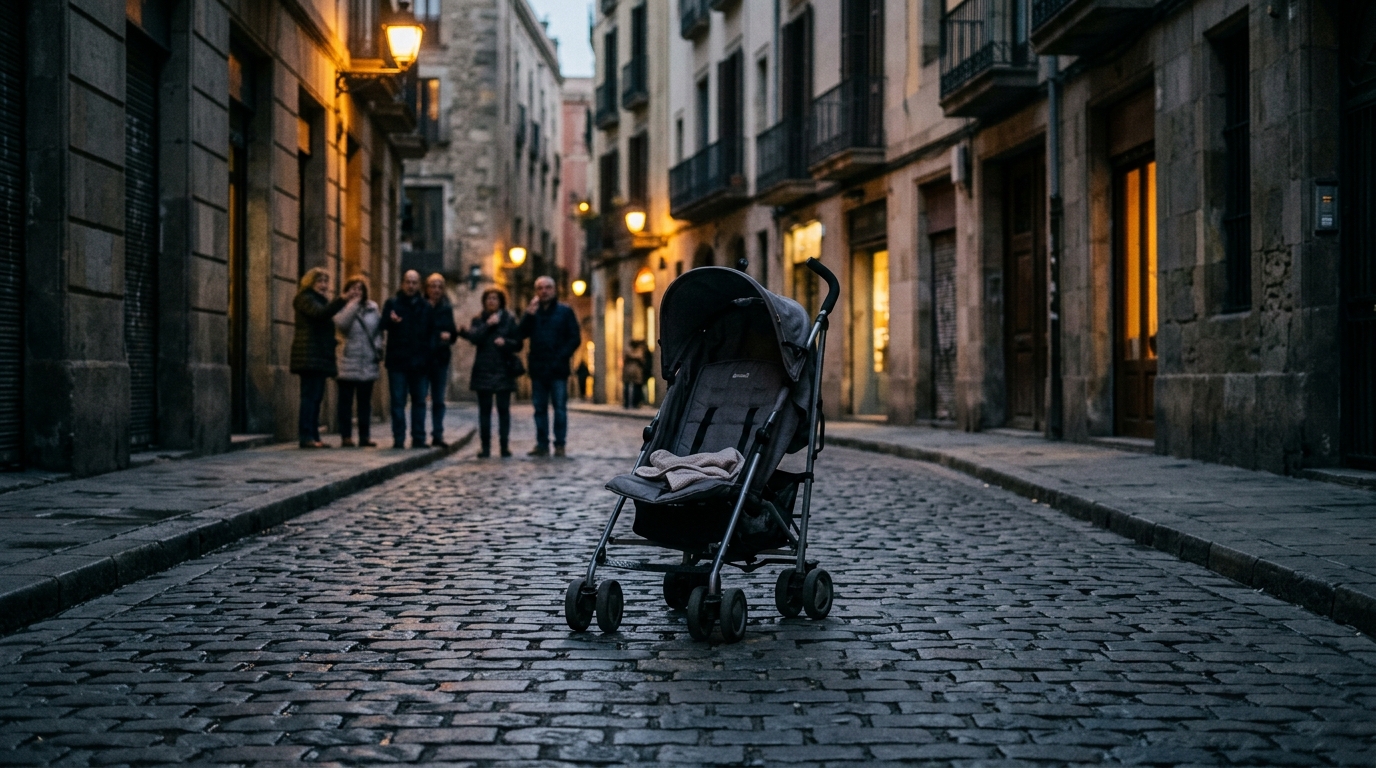 Poussette vide abandonnée seule dans une rue