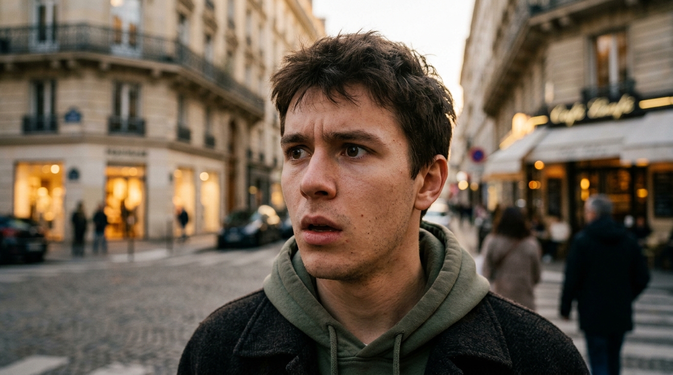 Jeune homme au visage choqué en pleine rue