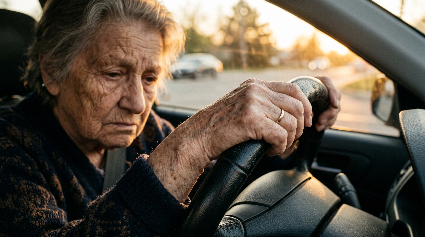 Mains âgées posées sur un volant de voiture